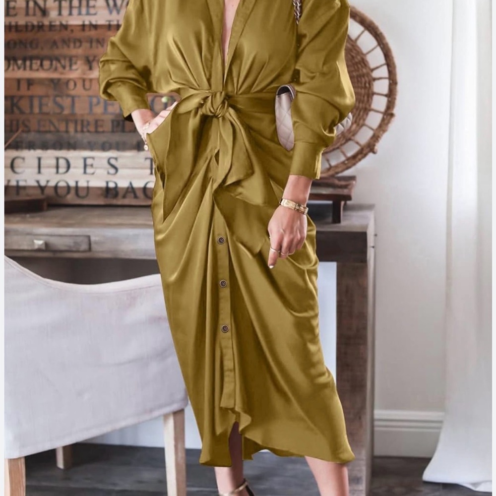Chic Olive Midi Dress with Tie Detail
